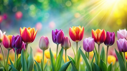 Spring tulip flowers in a row,, blooming, wildflower,  blooming, wildflower, tulips, flower garden, floral display