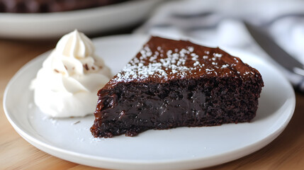 A slice of molten chocolate cake with a flowing center, garnished with a few fresh raspberries and a dollop of whipped cream for an indulgent dessert.