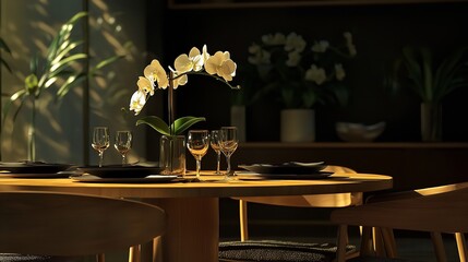 Chairs with round backs stand at a dinner table with elegant floral centerpieces