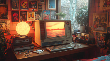 
1980s retro style room with vintage furniture. There is an old school TV on a wooden stand, the walls are decorated with posters from cult films of the 80s, a cassette deck with speakers, vinyl