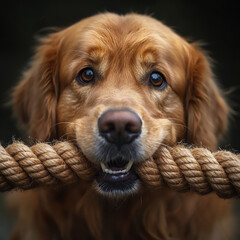 Obraz premium golden retriever playing tug-of-war