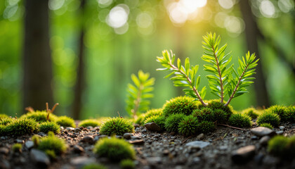 Green shoots. Lush green moss and shoots in serene forest, nature's tranquility