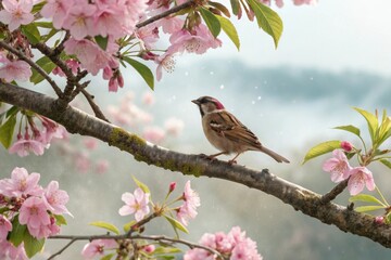 A brown sparrow perches on a branch of a sakura tree in full bloom with vibrant pink flowers and lush green leaves and a subtle mist, springtime bird, nature in bloom