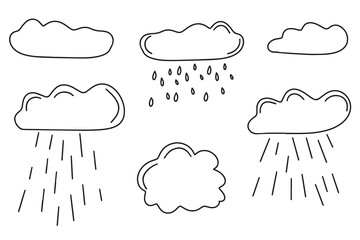 Hand drawn clouds with precipitation. Rain, downpour. Clouds and precipitation in doodle style. Vector illustration
