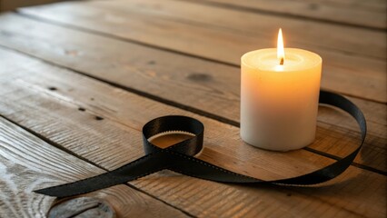 A burning candle sits on a wooden table, casting a golden glow over the surrounding black ribbon, gentle warmth, soft illumination, wooden table, wood grain texture