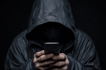 A mysterious figure in a dark hooded sweatshirt using a smartphone against a black background. Ideal for cybersecurity, hacking, or online anonymity themes.