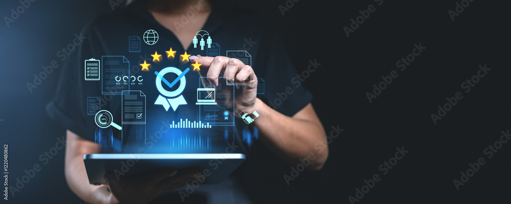 Poster digital evaluation concept with rating icons and analytics on tablet screen.
