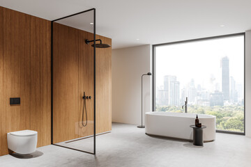Modern bathroom with wooden accents and city view. 3D Rendering