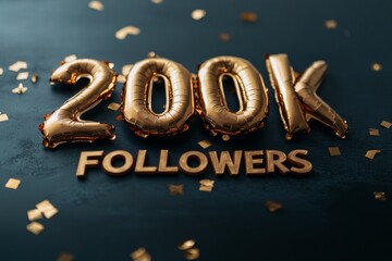 Golden " 200K Followers " balloon letters with scattered confetti on a dark textured background. Perfect for social media milestones, celebration, and achievement themes.