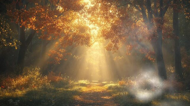 Golden forest with sunrays shining through the trees in autumn seamless looping 4k time-lapse animation video background