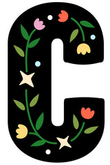 A black letter C decorated with colorful flowers and leaves.