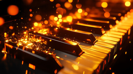 25. The impact of glowing piano keys being struck with dynamic force. 