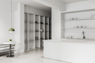 Minimalist modern kitchen and dining area with white decor. 3D Rendering