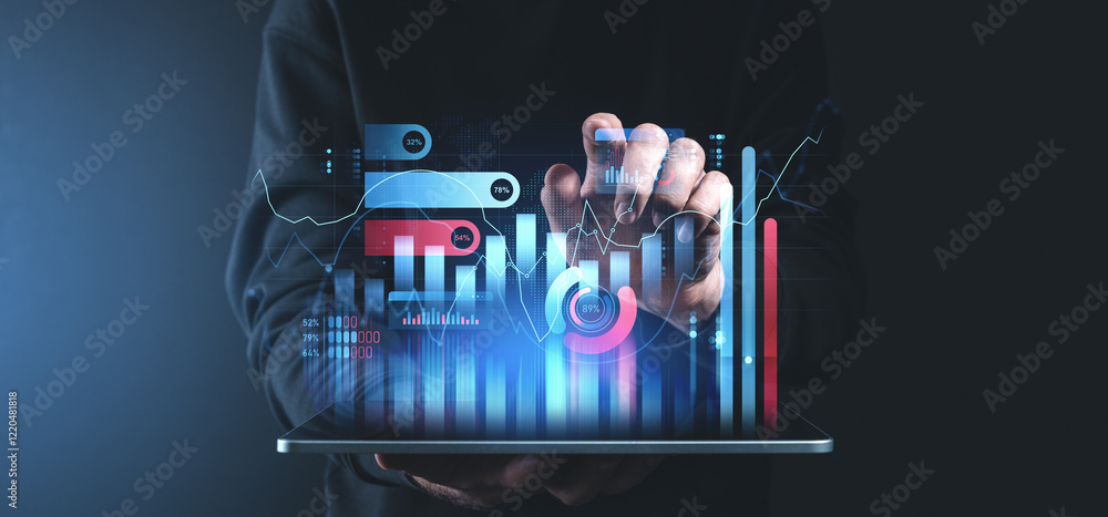 Poster interactive financial charts and graphs displayed on a tablet device in a dark setting.