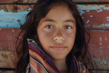 Portrait of a young girl wearing a colorful scarf, standing in front of a weathered wooden wall, exuding a sense of quiet confidence