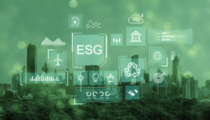 ESG concept icons over green cityscape with skyscrapers and trees.