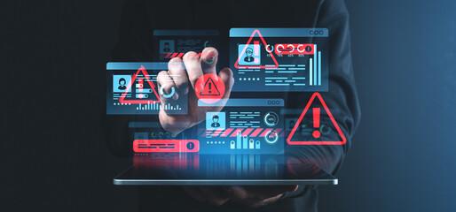 Digital security warning concept with alerts and personal ID information on holographic interface in dark setting.