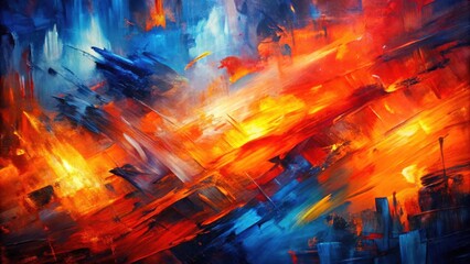 Abstract fiery and icy canvas, dynamic brushstrokes in vibrant hues of orange, red, and blue