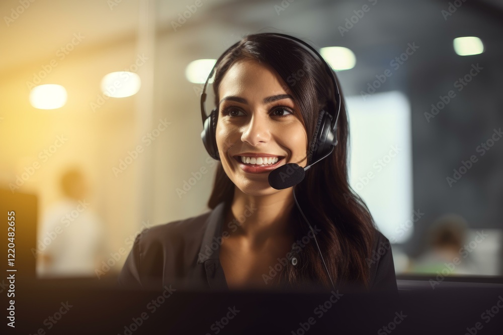 Poster smiling customer service representative is wearing a headset and working in a call center
