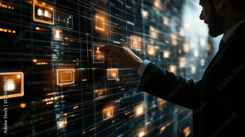 Poster businessman interacting with a digital interface displaying various data icons in a modern office