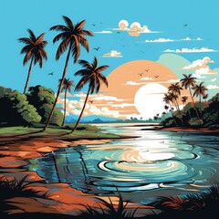 Relaxing Tropical Beach Landscape with Palm Trees and Open Horizon