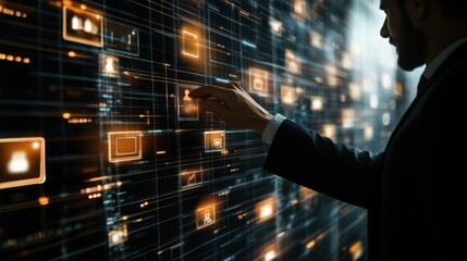 Businessman interacting with a digital interface displaying various data icons in a modern office