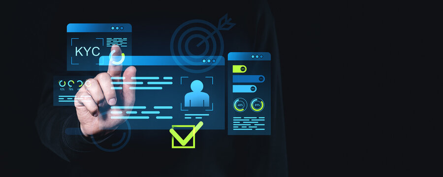 Digital interface displaying KYC process with icons and data visualization on dark background.