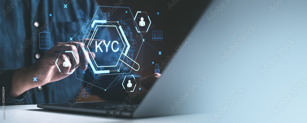 Poster digital kyc verification concept with virtual icons and magnifying glass on a futuristic interface.