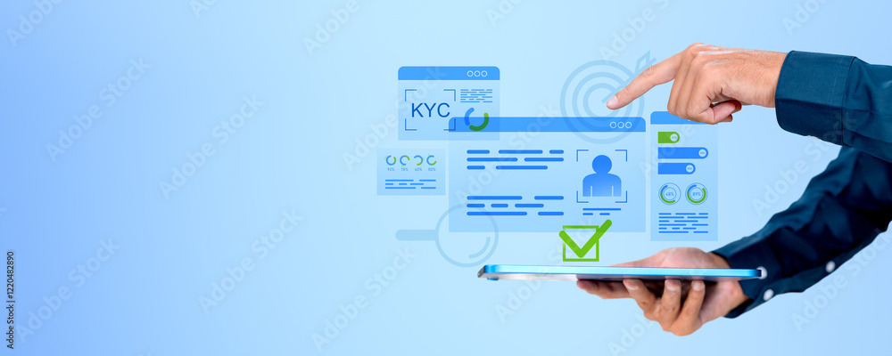 Poster digital kyc verification concept with user interface icons and checklist on a light blue background.
