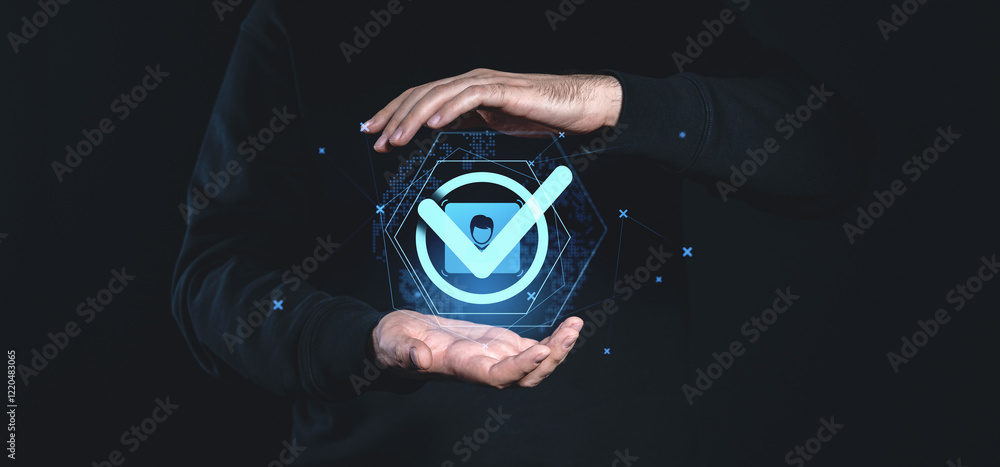 Poster digital verification symbol hovering between hands on dark background.