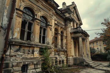 Fototapeta premium Crumbling facade of an abandoned mansion with broken windows, peeling paint, and overgrown vegetation, reflecting decay and neglect