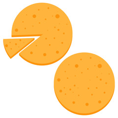 round cheese top view, Cylinder of fresh creamy,  Parmesan cheese. Dairy products, yellow cheese with a cut piece.