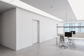 Modern open space office with minimalist design and glass partitions. 3D Rendering