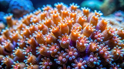 Fototapeta premium A cluster of tiny coral polyps secrete a dripping nectar-like substance that attracts small fish and other marine animals, polyp, ocean floor vegetation, sea anemone, nectar