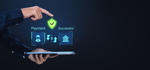 Secure digital payment concept with shield icon and financial icons on tablet device.