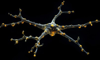 Detailed Closeup of Isolated Neuron with Intricate Patterns and Structure - Focused Nervous System Cell with Yellow Outlines - Scientific and Meditative Concept, Generative AI