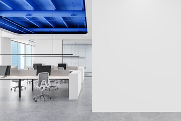 Modern open space office interior with blank white wall mockup. 3D Rendering