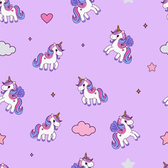 seamless children's pattern with unicorns on a purple background