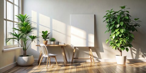 Sunlit Workspace with Blank Canvas and Lush Greenery