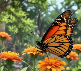 Obraz premium a colorful monarch butterfly sips nectar from an orange flower in a garden scene with blurred trees and flowers, movement, orange flower, macro photography