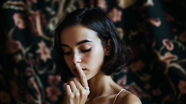 A young woman with a short, dark bob hairstyle. The background of an ornate tapestry adds a touch of vintage elegance to this portrait of quiet contemplation.