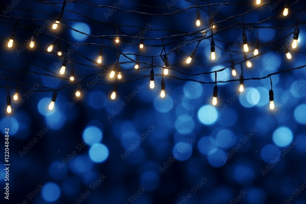 Poster warm white string lights creating a festive atmosphere against a blurred blue bokeh background