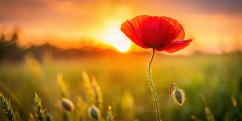 Serene Sunset A Single Poppy Silhouetted Against a Vibrant Golden Sky