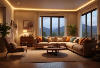 Fototapeta premium A cozy living room with warm lighting and comfortable seating, warm lighting, countryside charm
