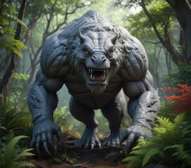 A large grey creature lurking in the underbrush, solitude, trees, mystery