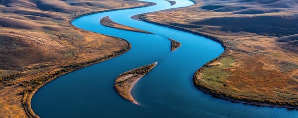 Aerial view topography composition concept. Aerial view of a winding river through lush, green landscapes under a clear blue sky.