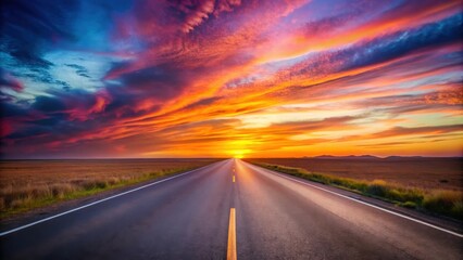 Naklejka premium Asphalt road disappearing into a vibrant sunset over a prairie