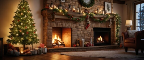 Fototapeta premium A living pine Christmas tree sits beside a warm fireplace, decorated with twinkling lights, ornaments, and festive garlands that reflect the winter wonderland theme , Christmas tree, cozy scene