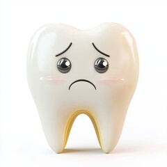 3D icon cartoon cavity tooth with a sad expression isolated on a white background 