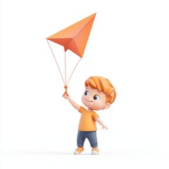 3D icon cartoon child playing with a kite, isolated on a white background